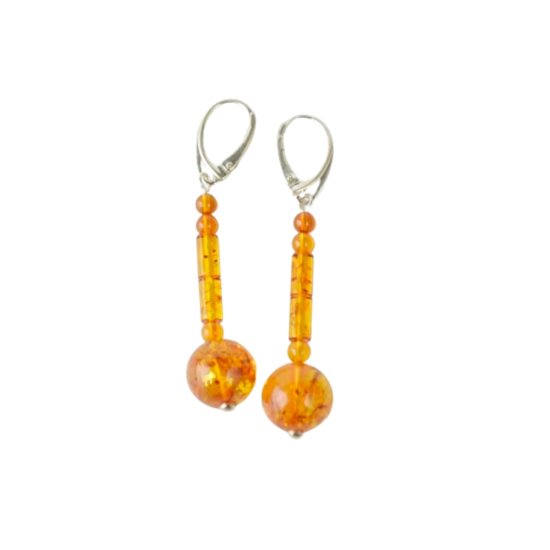 Medium long amber earrings round beads